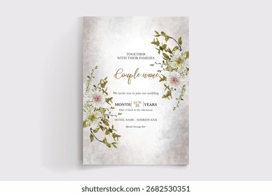 MARCO DE INVITACIÓN DE BODA CON DECORACIONES FLORALES Y HOJAS FRESCAS
