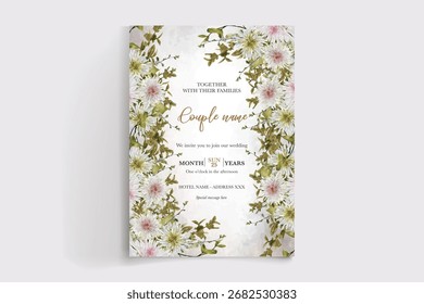 WEDDING INVITATION FRAME WITH FLOWER DECORATIONS AND FRESH LEAVES