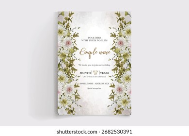 WEDDING INVITATION FRAME WITH FLOWER DECORATIONS AND FRESH LEAVES