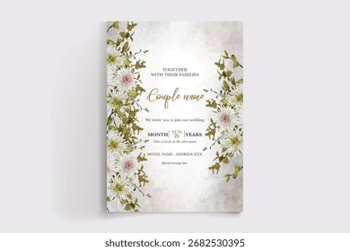 QUADRO DE CONVITE DE CASAMENTO COM DECORAÇÕES DE FLORES E FOLHAS FRESCAS