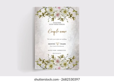 WEDDING INVITATION FRAME WITH FLOWER DECORATIONS AND FRESH LEAVES