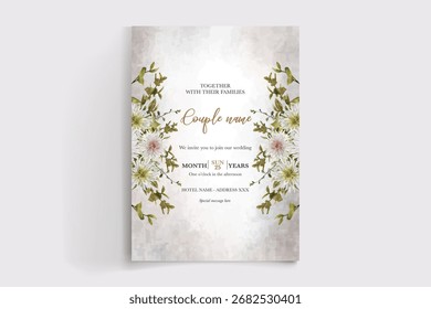 MARCO DE INVITACIÓN DE BODA CON DECORACIONES FLORALES Y HOJAS FRESCAS