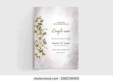 MARCO DE INVITACIÓN DE BODA CON DECORACIONES FLORALES Y HOJAS FRESCAS