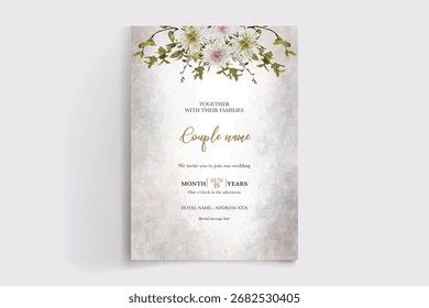 HOCHZEITSEINLADUNGSRAHMEN MIT BLUMENDEKORATIONEN UND FRISCHEN BLÄTTERN