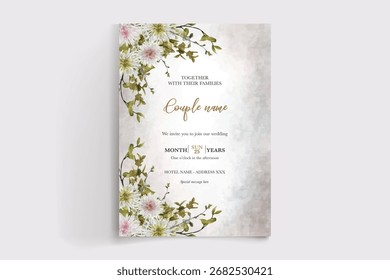 WEDDING INVITATION FRAME WITH FLOWER DECORATIONS AND FRESH LEAVES