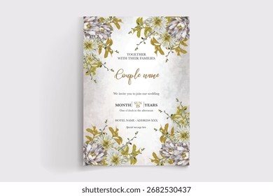 HOCHZEITSEINLADUNGSRAHMEN MIT BLUMENDEKORATIONEN UND FRISCHEN BLÄTTERN