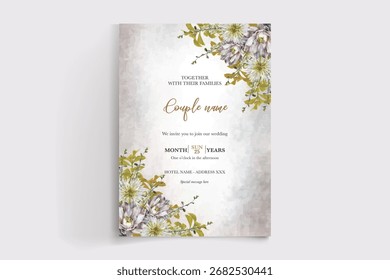MARCO DE INVITACIÓN DE BODA CON DECORACIONES FLORALES Y HOJAS FRESCAS