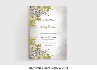 MARCO DE INVITACIÓN DE BODA CON DECORACIONES FLORALES Y HOJAS FRESCAS