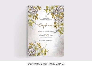 WEDDING INVITATION FRAME WITH FLOWER DECORATIONS AND FRESH LEAVES
