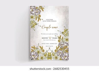 WEDDING INVITATION FRAME WITH FLOWER DECORATIONS AND FRESH LEAVES