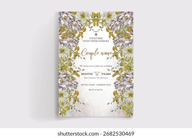 MARCO DE INVITACIÓN DE BODA CON DECORACIONES FLORALES Y HOJAS FRESCAS