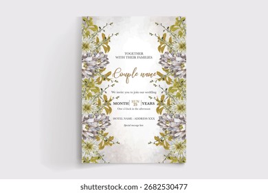 MARCO DE INVITACIÓN DE BODA CON DECORACIONES FLORALES Y HOJAS FRESCAS