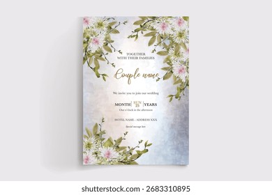 WEDDING INVITATION FRAME WITH FLOWER DECORATIONS AND FRESH LEAVES