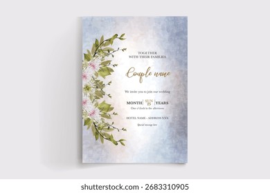 MARCO DE INVITACIÓN DE BODA CON DECORACIONES FLORALES Y HOJAS FRESCAS