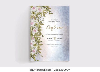 WEDDING INVITATION FRAME WITH FLOWER DECORATIONS AND FRESH LEAVES