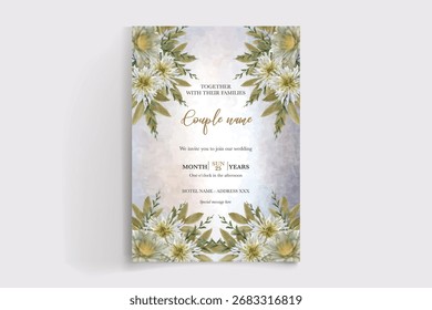 HOCHZEITSEINLADUNGSRAHMEN MIT BLUMENDEKORATIONEN UND FRISCHEN BLÄTTERN
