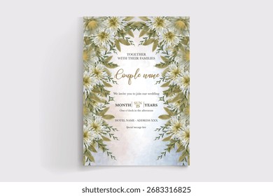 HOCHZEITSEINLADUNGSRAHMEN MIT BLUMENDEKORATIONEN UND FRISCHEN BLÄTTERN
