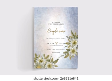 WEDDING INVITATION FRAME WITH FLOWER DECORATIONS AND FRESH LEAVES