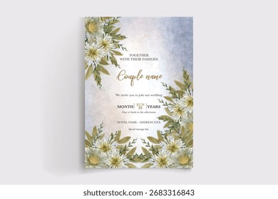 WEDDING INVITATION FRAME WITH FLOWER DECORATIONS AND FRESH LEAVES