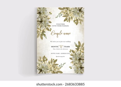 HOCHZEITSEINLADUNGSRAHMEN MIT BLUMENDEKORATIONEN UND FRISCHEN BLÄTTERN