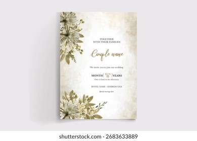 MARCO DE INVITACIÓN DE BODA CON DECORACIONES FLORALES Y HOJAS FRESCAS