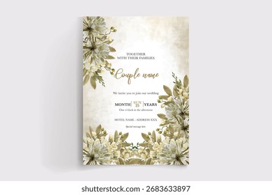 QUADRO DE CONVITE DE CASAMENTO COM DECORAÇÕES DE FLORES E FOLHAS FRESCAS
