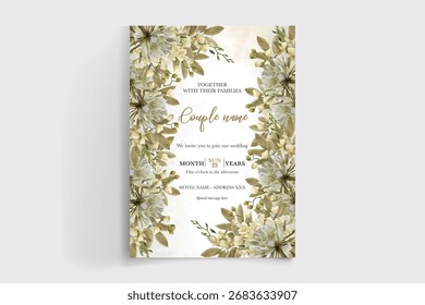 MARCO DE INVITACIÓN DE BODA CON DECORACIONES FLORALES Y HOJAS FRESCAS