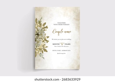 HOCHZEITSEINLADUNGSRAHMEN MIT BLUMENDEKORATIONEN UND FRISCHEN BLÄTTERN