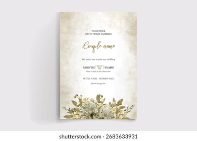 WEDDING INVITATION FRAME WITH FLOWER DECORATIONS AND FRESH LEAVES