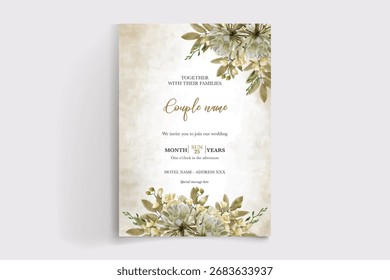 WEDDING INVITATION FRAME WITH FLOWER DECORATIONS AND FRESH LEAVES