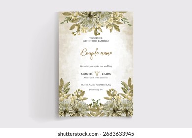 WEDDING INVITATION FRAME WITH FLOWER DECORATIONS AND FRESH LEAVES
