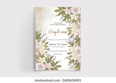 MARCO DE INVITACIÓN DE BODA CON DECORACIONES FLORALES Y HOJAS FRESCAS