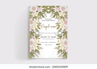 MARCO DE INVITACIÓN DE BODA CON DECORACIONES FLORALES Y HOJAS FRESCAS