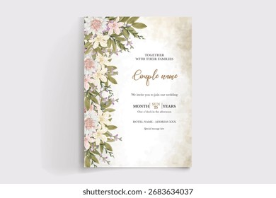 WEDDING INVITATION FRAME WITH FLOWER DECORATIONS AND FRESH LEAVES