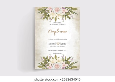MARCO DE INVITACIÓN DE BODA CON DECORACIONES FLORALES Y HOJAS FRESCAS