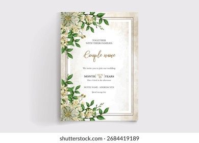 HOCHZEITSEINLADUNGSRAHMEN MIT BLUMENDEKORATIONEN UND FRISCHEN BLÄTTERN
