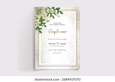 MARCO DE INVITACIÓN DE BODA CON DECORACIONES FLORALES Y HOJAS FRESCAS