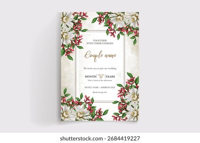 WEDDING INVITATION FRAME WITH FLOWER DECORATIONS AND FRESH LEAVES