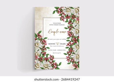 WEDDING INVITATION FRAME WITH FLOWER DECORATIONS AND FRESH LEAVES