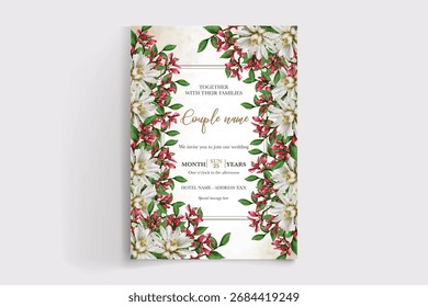 WEDDING INVITATION FRAME WITH FLOWER DECORATIONS AND FRESH LEAVES