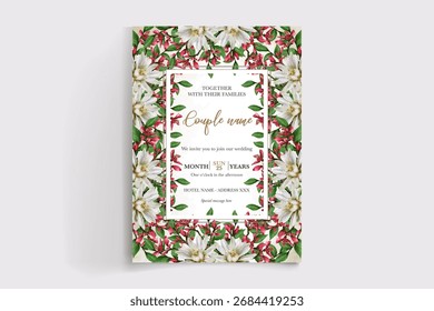 HOCHZEITSEINLADUNGSRAHMEN MIT BLUMENDEKORATIONEN UND FRISCHEN BLÄTTERN