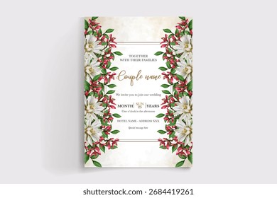 WEDDING INVITATION FRAME WITH FLOWER DECORATIONS AND FRESH LEAVES