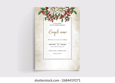 WEDDING INVITATION FRAME WITH FLOWER DECORATIONS AND FRESH LEAVES