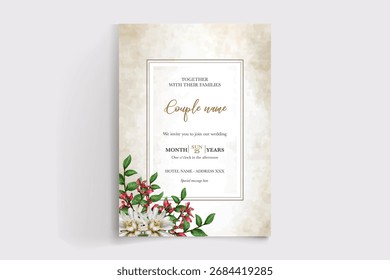 QUADRO DE CONVITE DE CASAMENTO COM DECORAÇÕES DE FLORES E FOLHAS FRESCAS