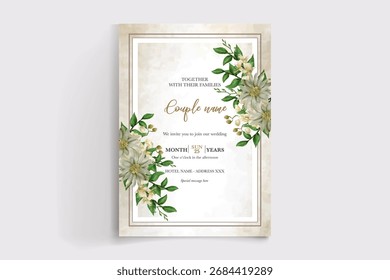 WEDDING INVITATION FRAME WITH FLOWER DECORATIONS AND FRESH LEAVES