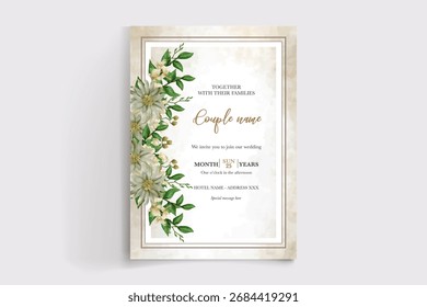 QUADRO DE CONVITE DE CASAMENTO COM DECORAÇÕES DE FLORES E FOLHAS FRESCAS