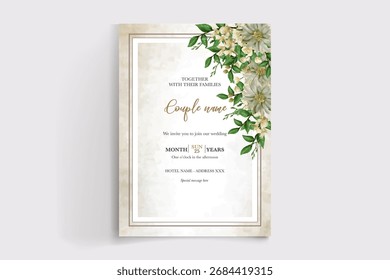WEDDING INVITATION FRAME WITH FLOWER DECORATIONS AND FRESH LEAVES