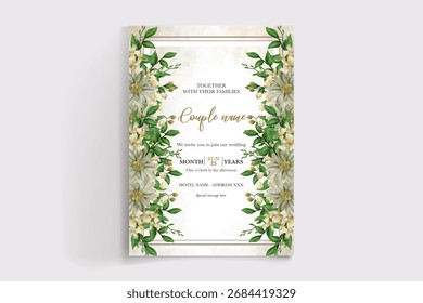 WEDDING INVITATION FRAME WITH FLOWER DECORATIONS AND FRESH LEAVES