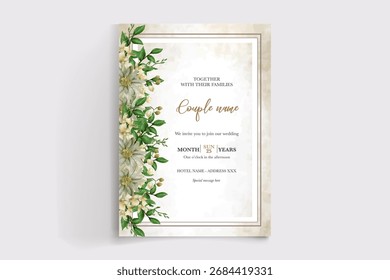 MARCO DE INVITACIÓN DE BODA CON DECORACIONES FLORALES Y HOJAS FRESCAS