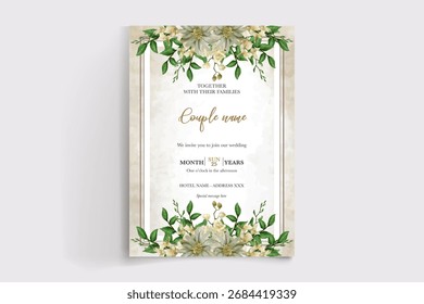 WEDDING INVITATION FRAME WITH FLOWER DECORATIONS AND FRESH LEAVES